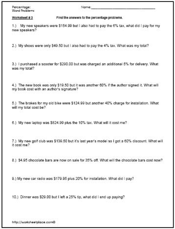 Percentage Problems Worksheet