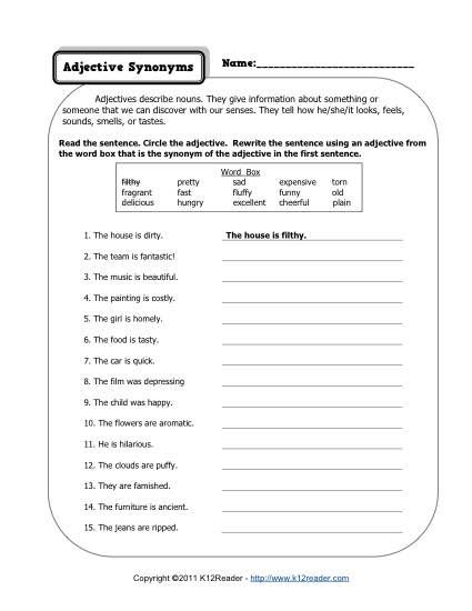 Synonyms Worksheet