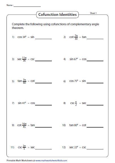 Trigonometric Identities Worksheet