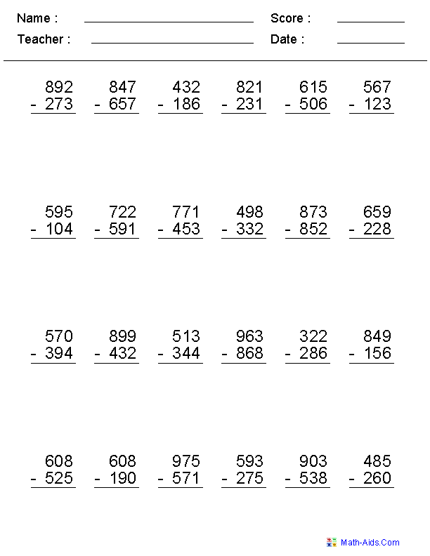 Subtraction Worksheets For Grade 4