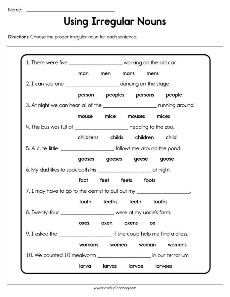 Irregular Plural Nouns Worksheet