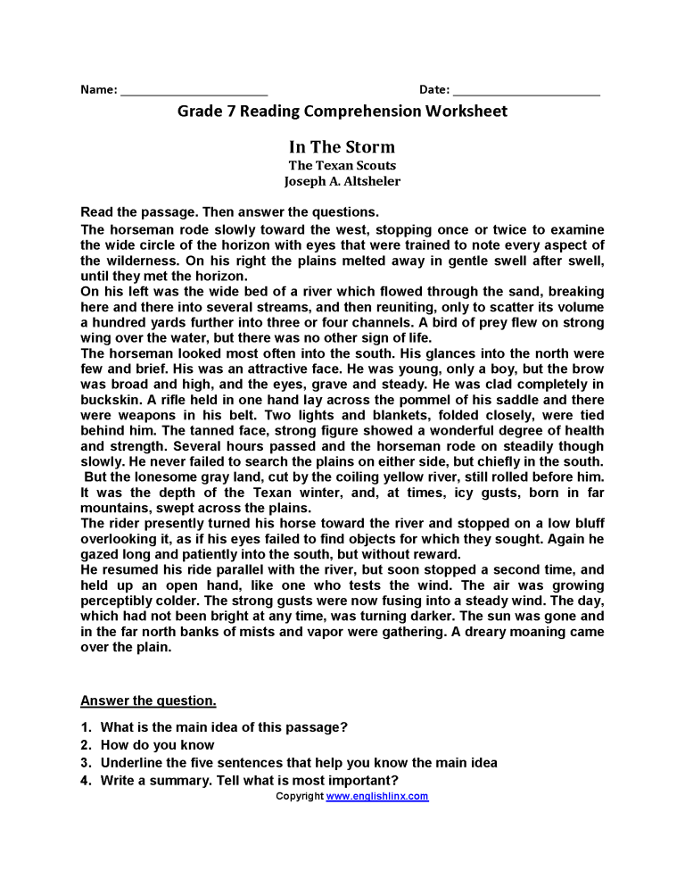 Grade 7 Reading Comprehension Worksheets Pdf With Answers