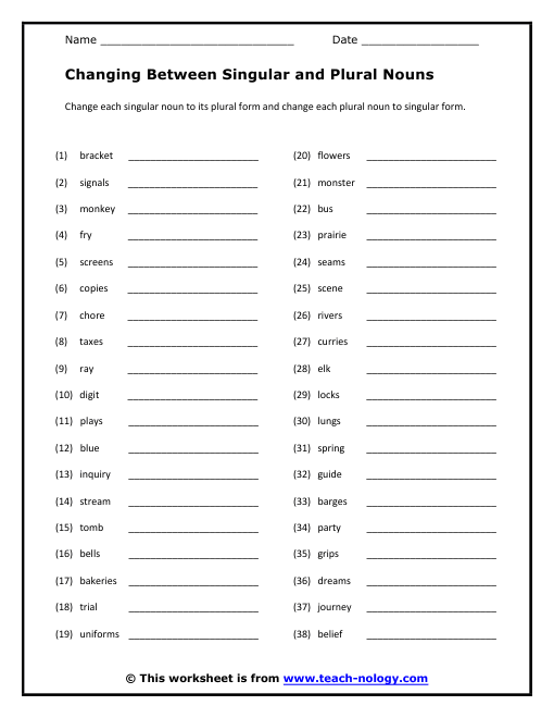 Singular And Plural Nouns Worksheet