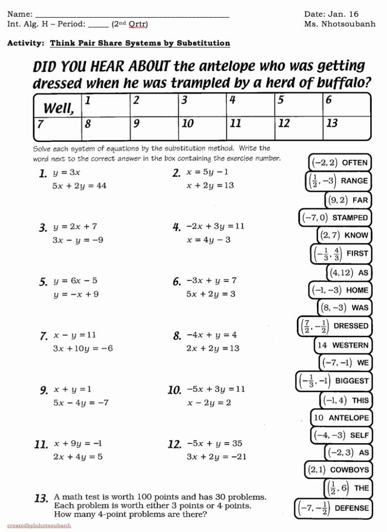 Substitution Method Worksheet