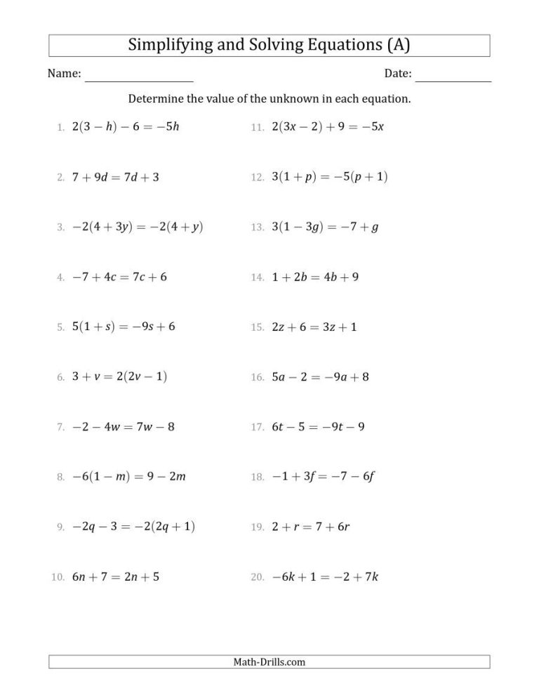 Solving Linear Equations Worksheet