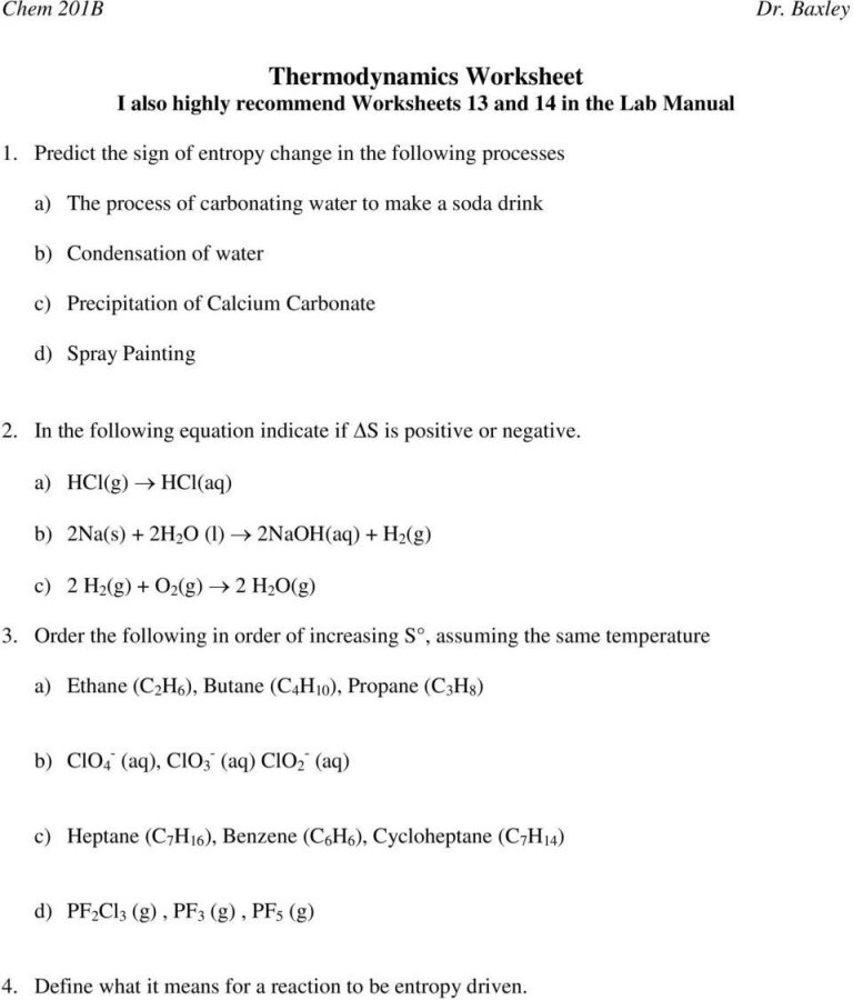 Thermodynamics Worksheet