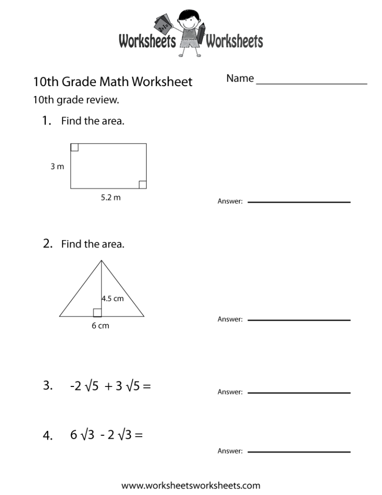 10th Grade Math Worksheets With Answers