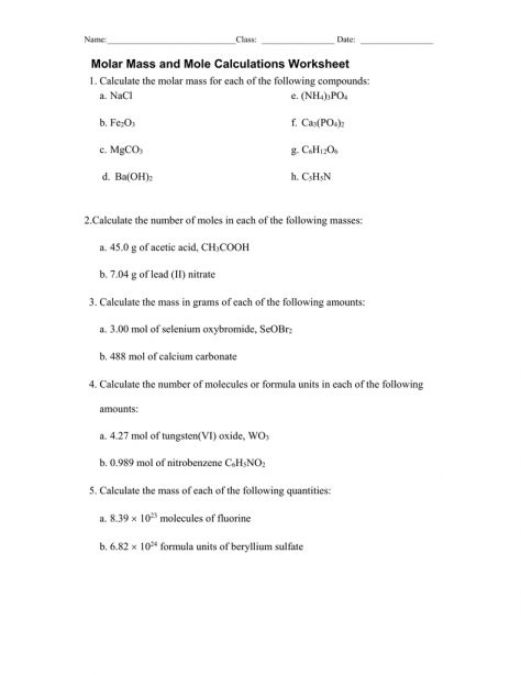 Moles And Mass Worksheet