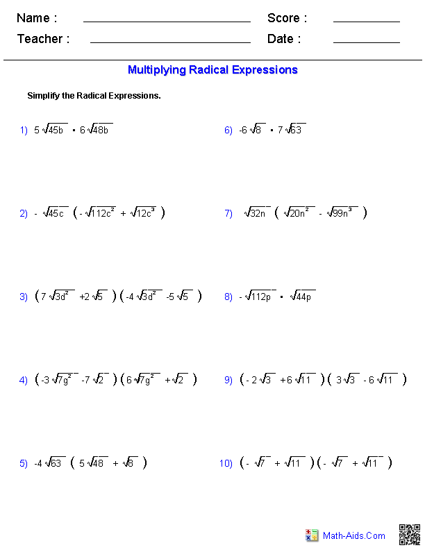 Multiplying Radicals Worksheet