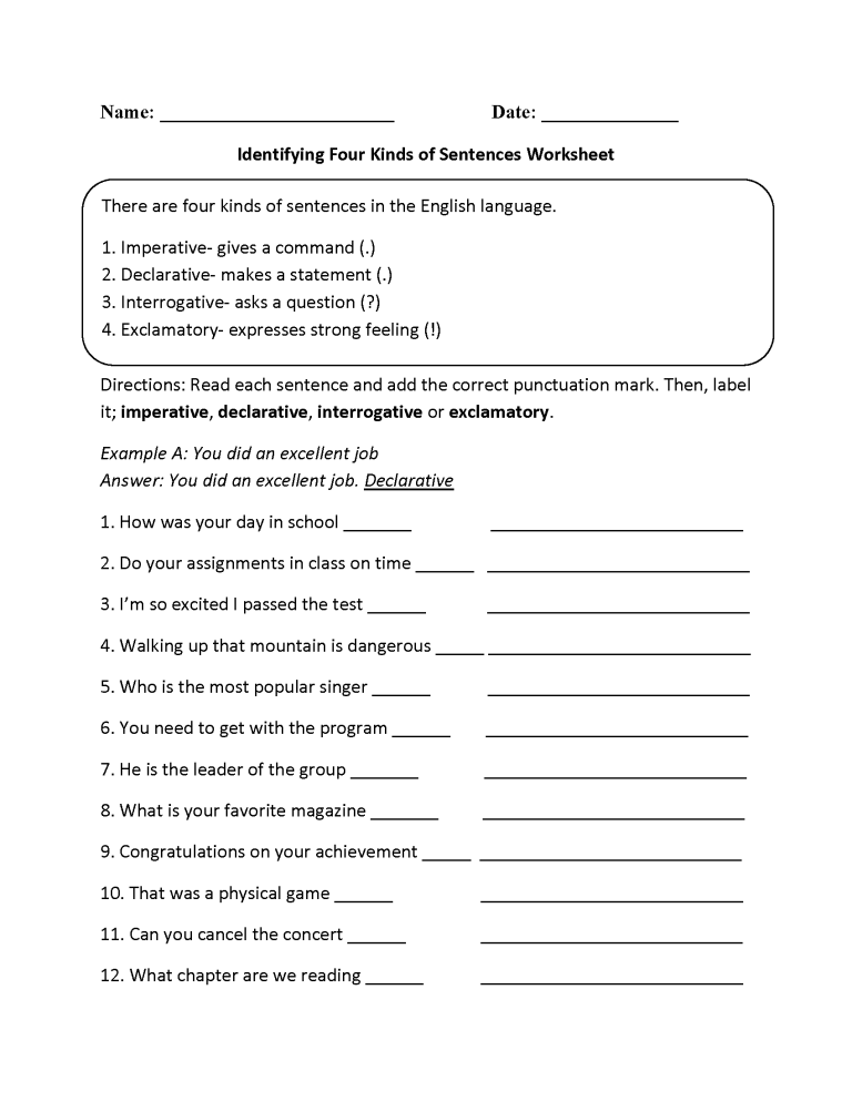 5th Grade Types Of Sentences Worksheets 4th Grade