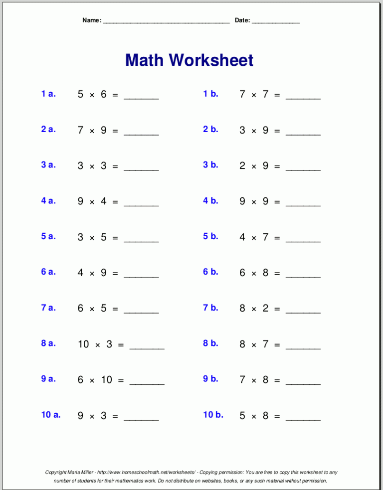 Printable Multiplication Table For 3rd Grade