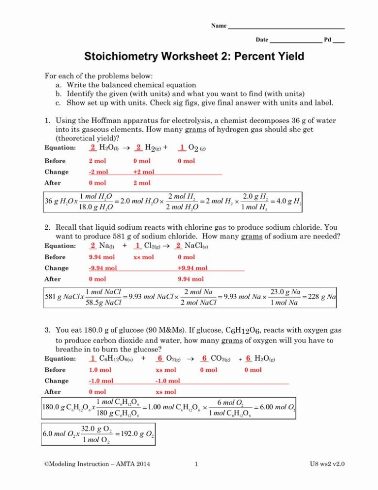 Stoichiometry Worksheet 2 Answers Key