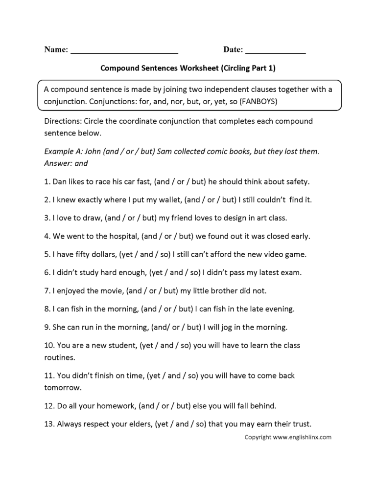 Compound Sentences Worksheet