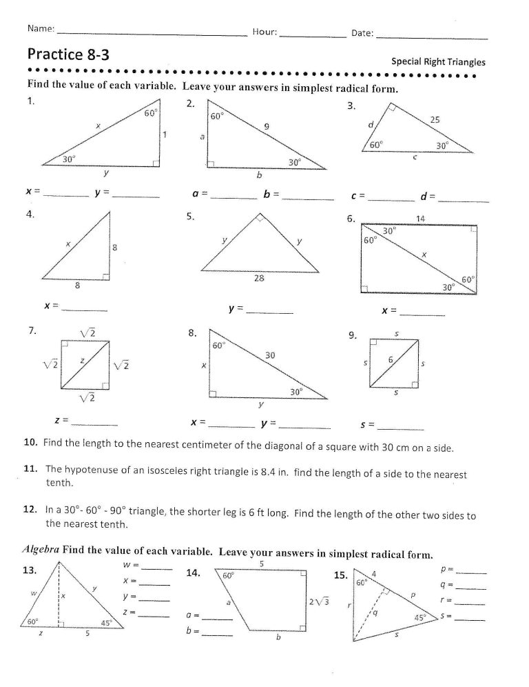 Special Right Triangles Worksheet Answers