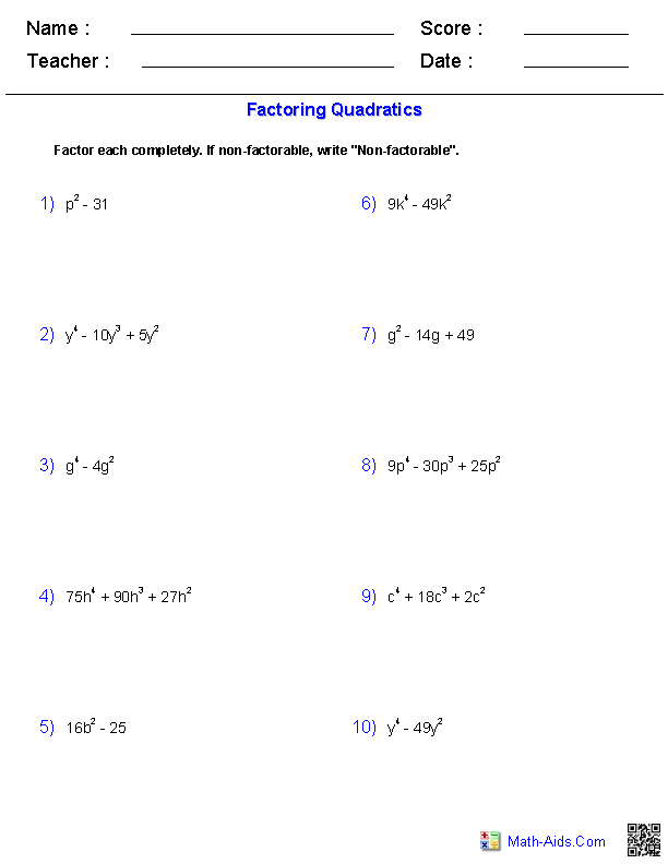 Factoring Quadratics Worksheet