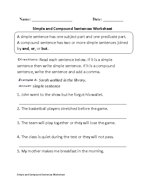 Simple And Compound Sentences Worksheet