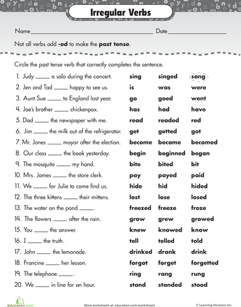 Irregular Verbs Worksheet