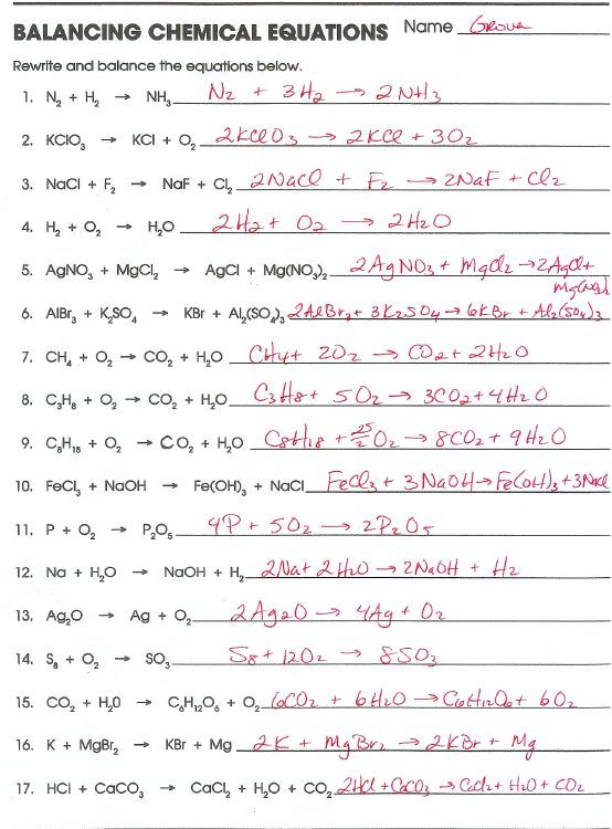 Balancing Chemical Equations Worksheet