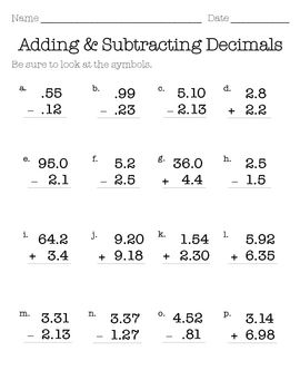 Adding Decimals Worksheet