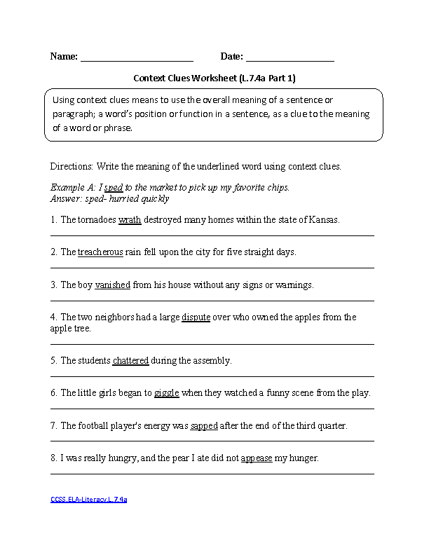 Context Clues Worksheets 7th Grade