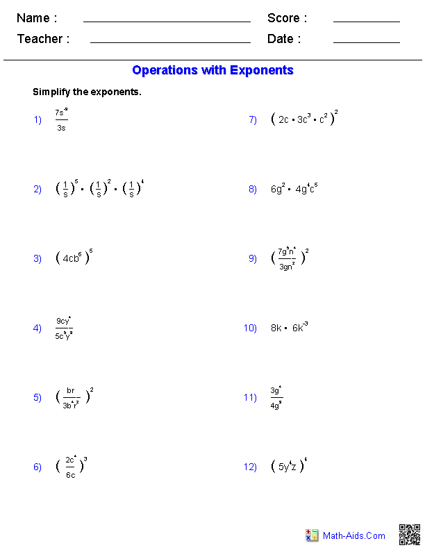 Exponents Worksheets