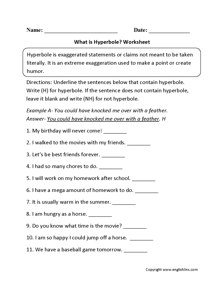 Hyperbole Worksheets