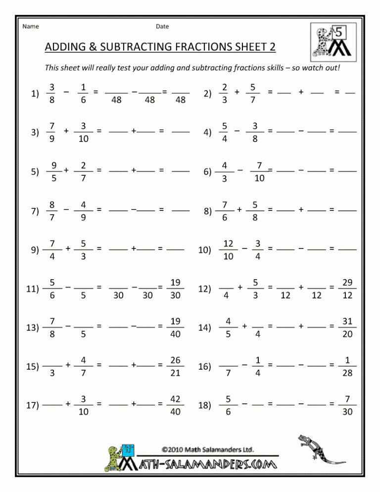 7th Grade Adding And Subtracting Fractions Worksheets With Answers