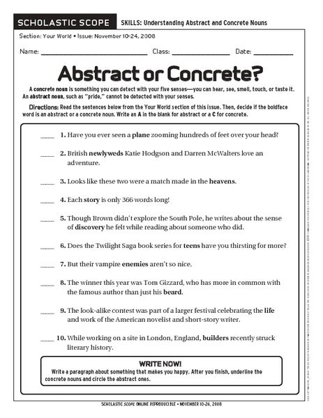 Concrete And Abstract Nouns Worksheet Free