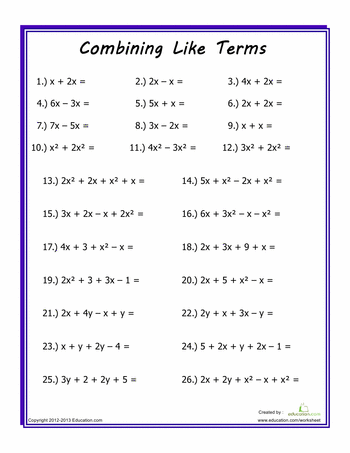 Combining Like Terms Worksheet Pdf