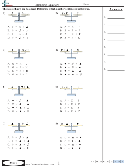 Balancing Equations Worksheet Math