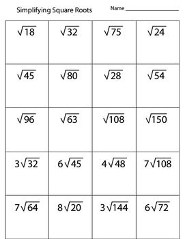 Simplifying Square Roots Worksheet