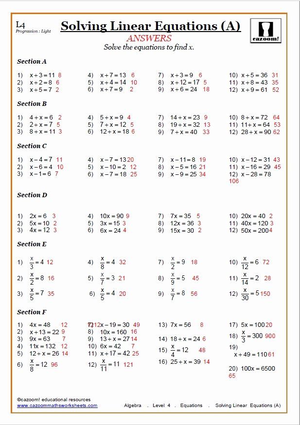 Linear Equations Worksheet With Answers