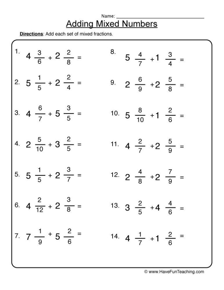 Adding Mixed Numbers Worksheet