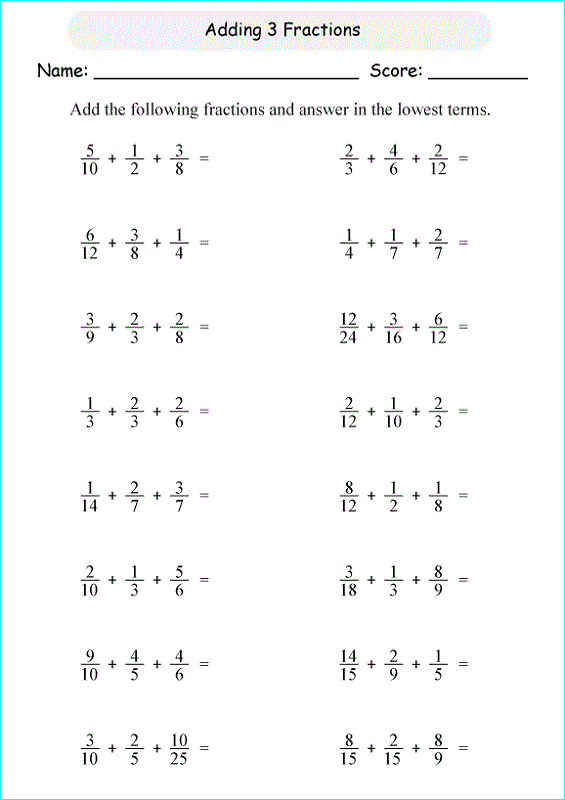 Fractions Worksheets Grade 6