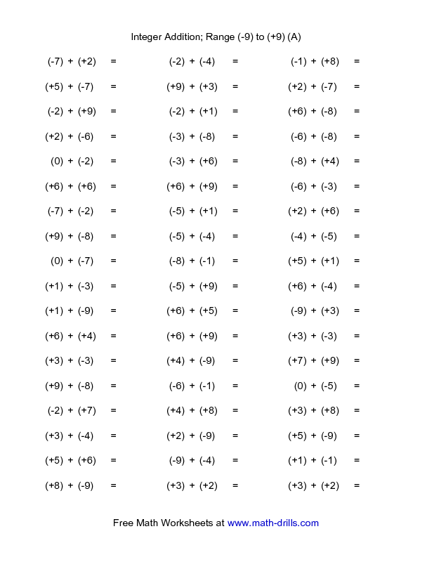 Integers Worksheet