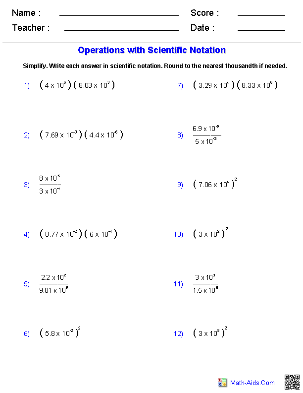 Operations With Scientific Notation Worksheet