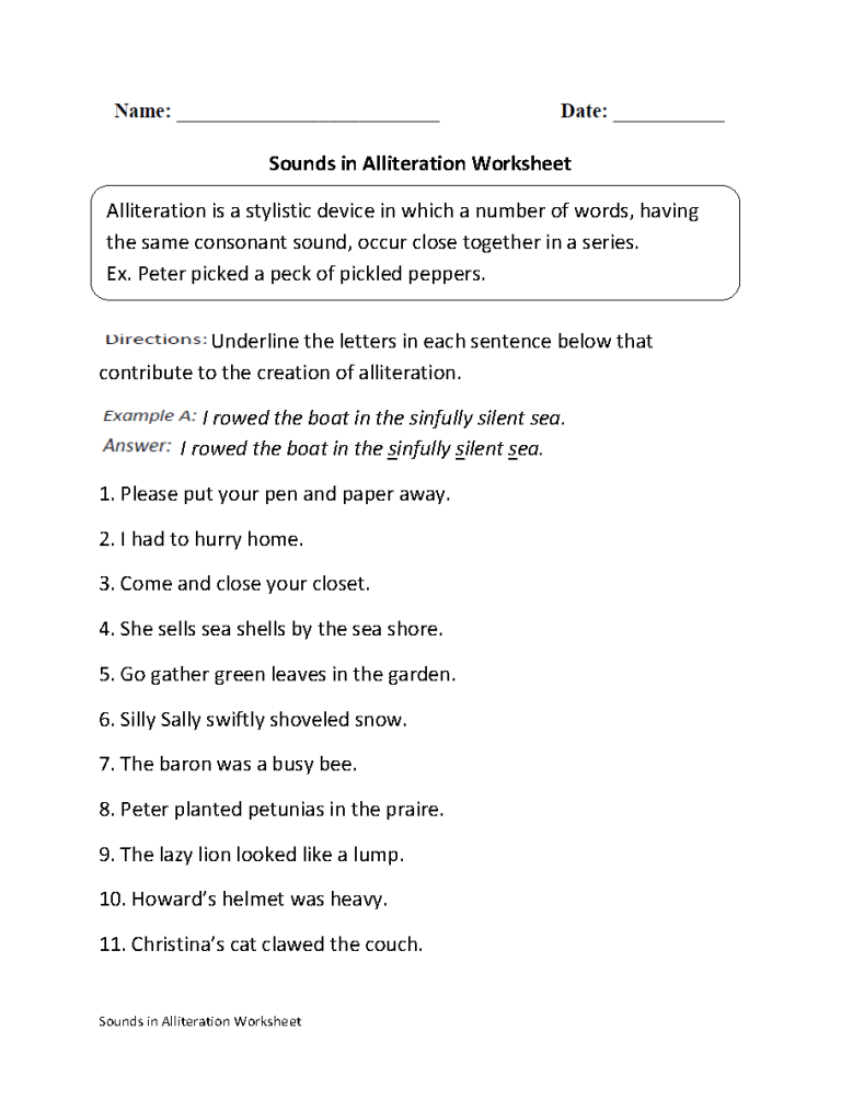 4th Grade Alliteration Worksheets With Answers