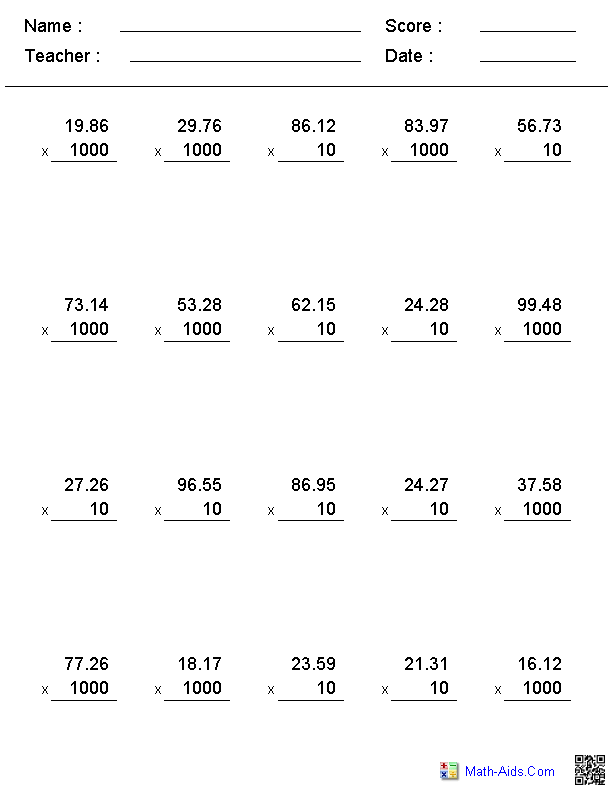 Multiplying And Dividing Decimals Worksheets