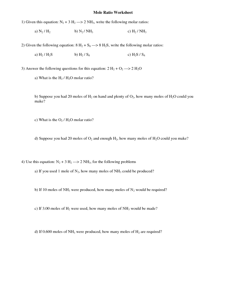 Mole Ratio Worksheet