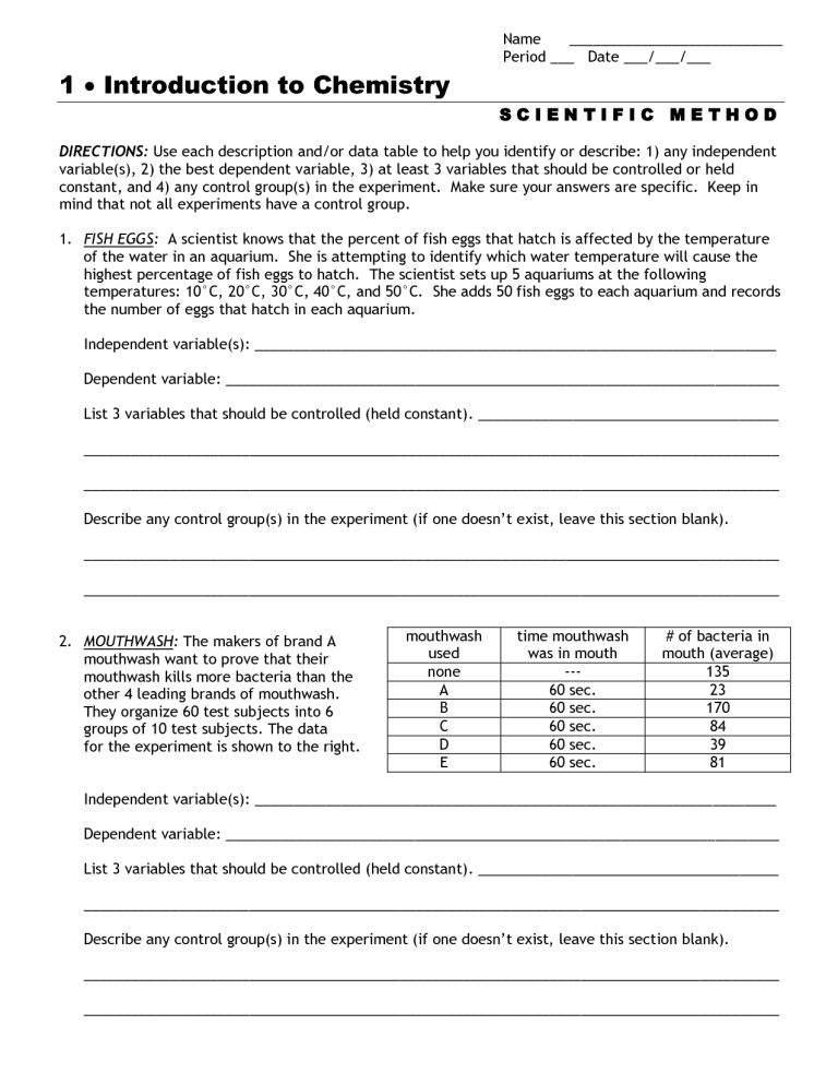 Experimental Design Worksheet Scientific Method Answer Key