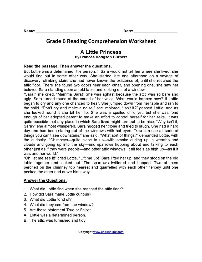 Comprehension Worksheets For Grade 6