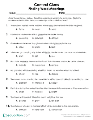 Context Clues Worksheets 4th Grade