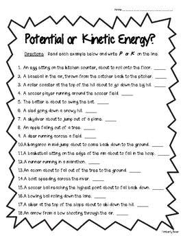 Potential And Kinetic Energy Worksheet