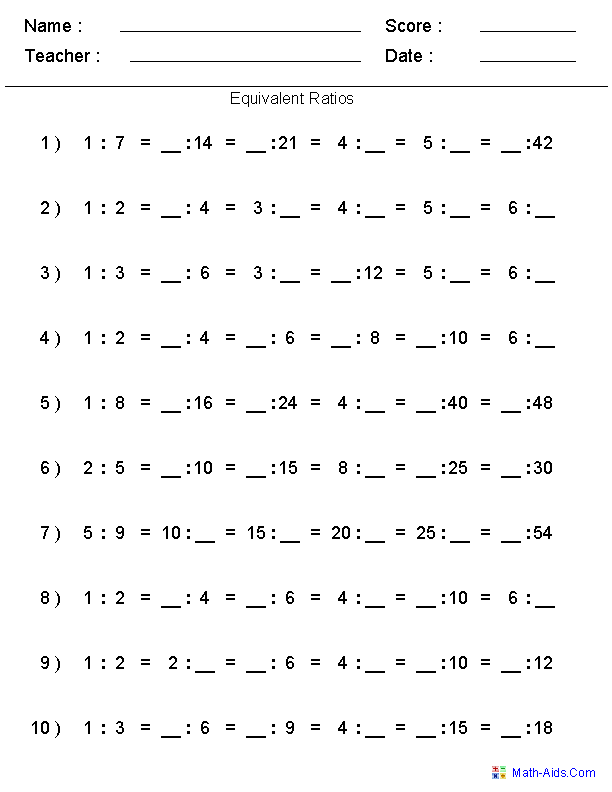 6th Grade Math Worksheets Ratios