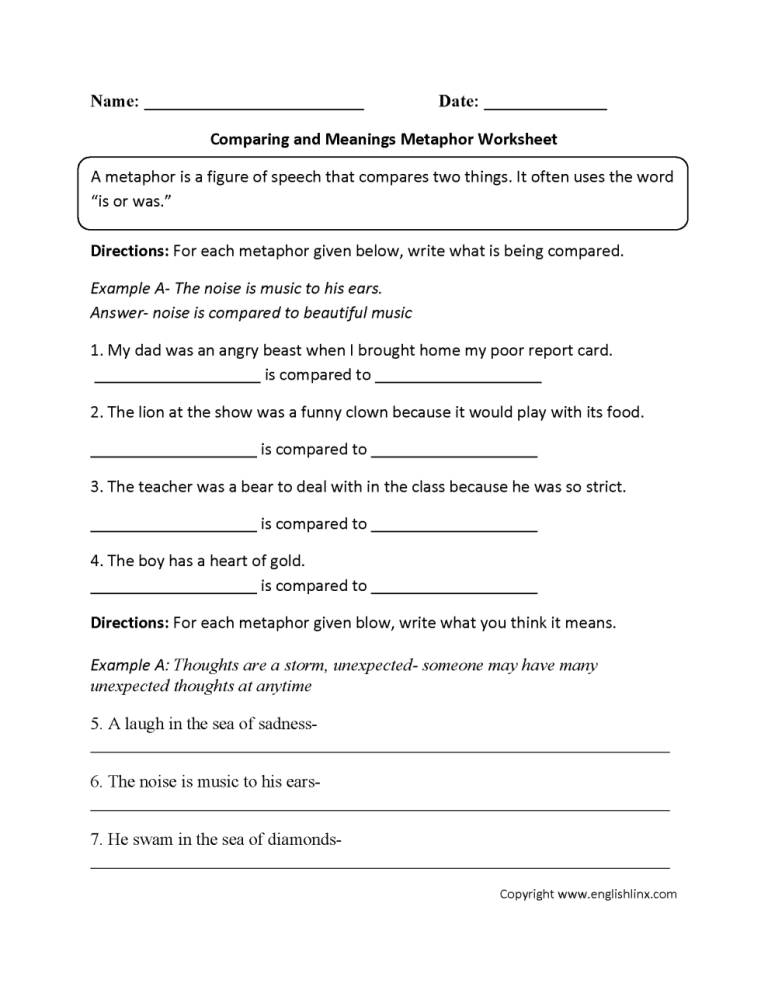 Simile And Metaphor Worksheet