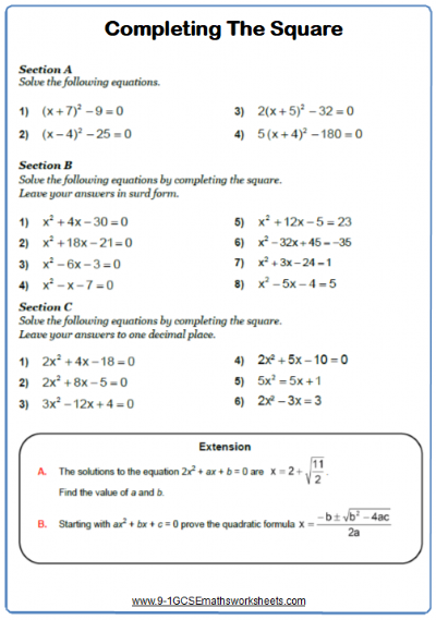 Completing The Square Worksheet With Answers