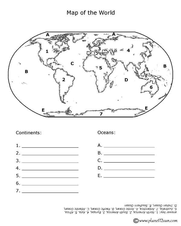 Continents And Oceans Worksheet