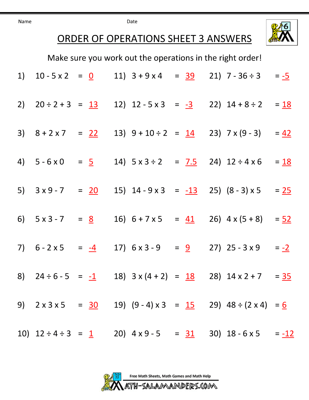 5th Grade Math Worksheets Order Of Operations