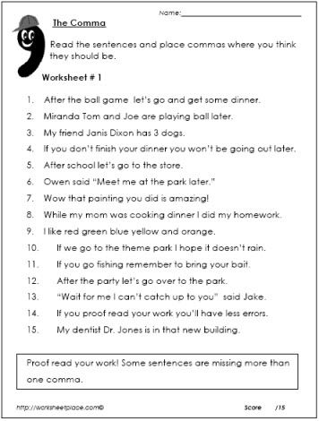 Comma Worksheets