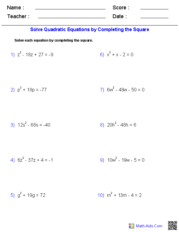 Completing The Square Worksheet Algebra 2